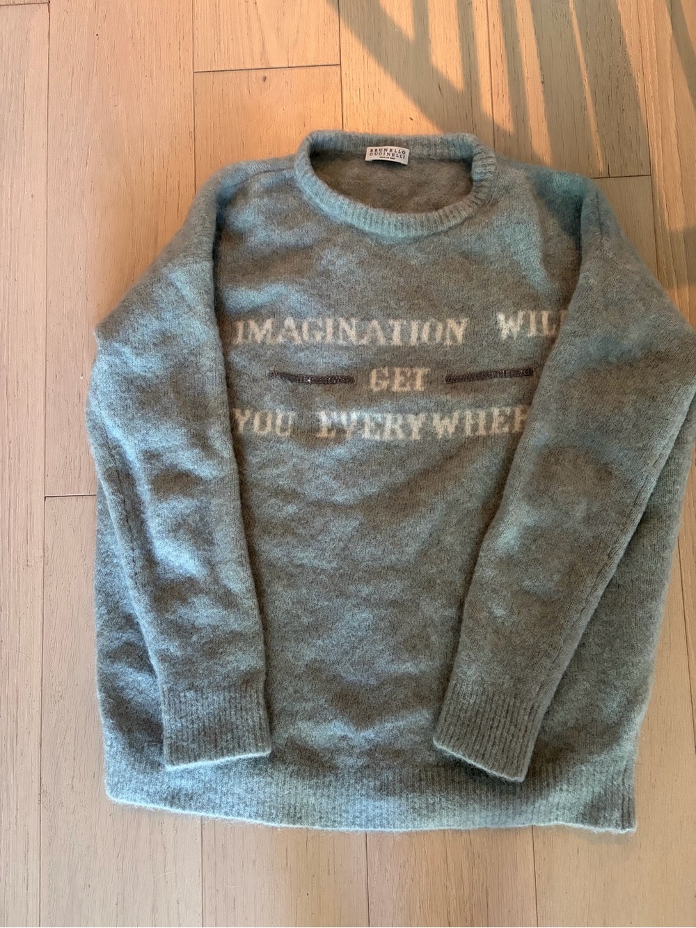 Brunello Cucinelli Sage Green Crewneck Sweater with Chest Text